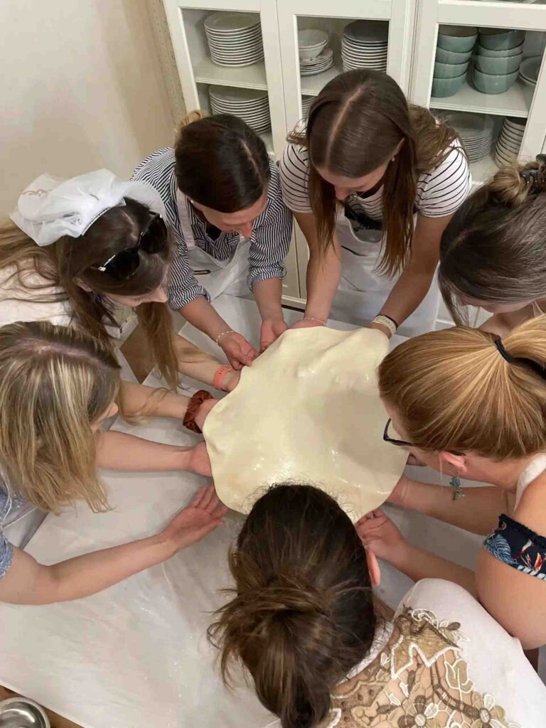 Stretching the dough with girls from Germany during a bachelorette party