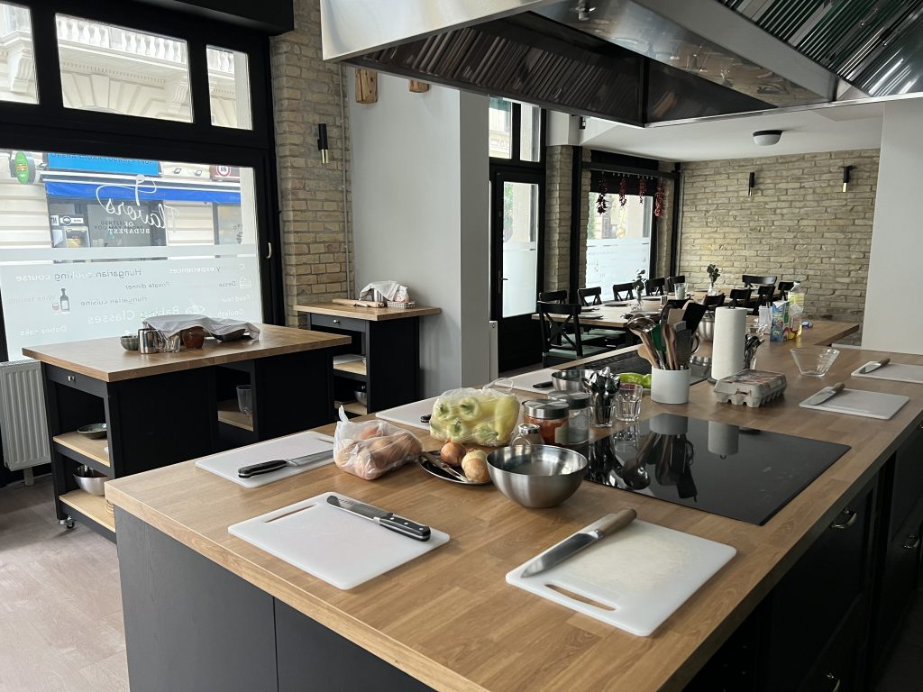 Cooking studio at Flavors of Budapest – Opera, authentic Hungarian kitchen for culinary classes.